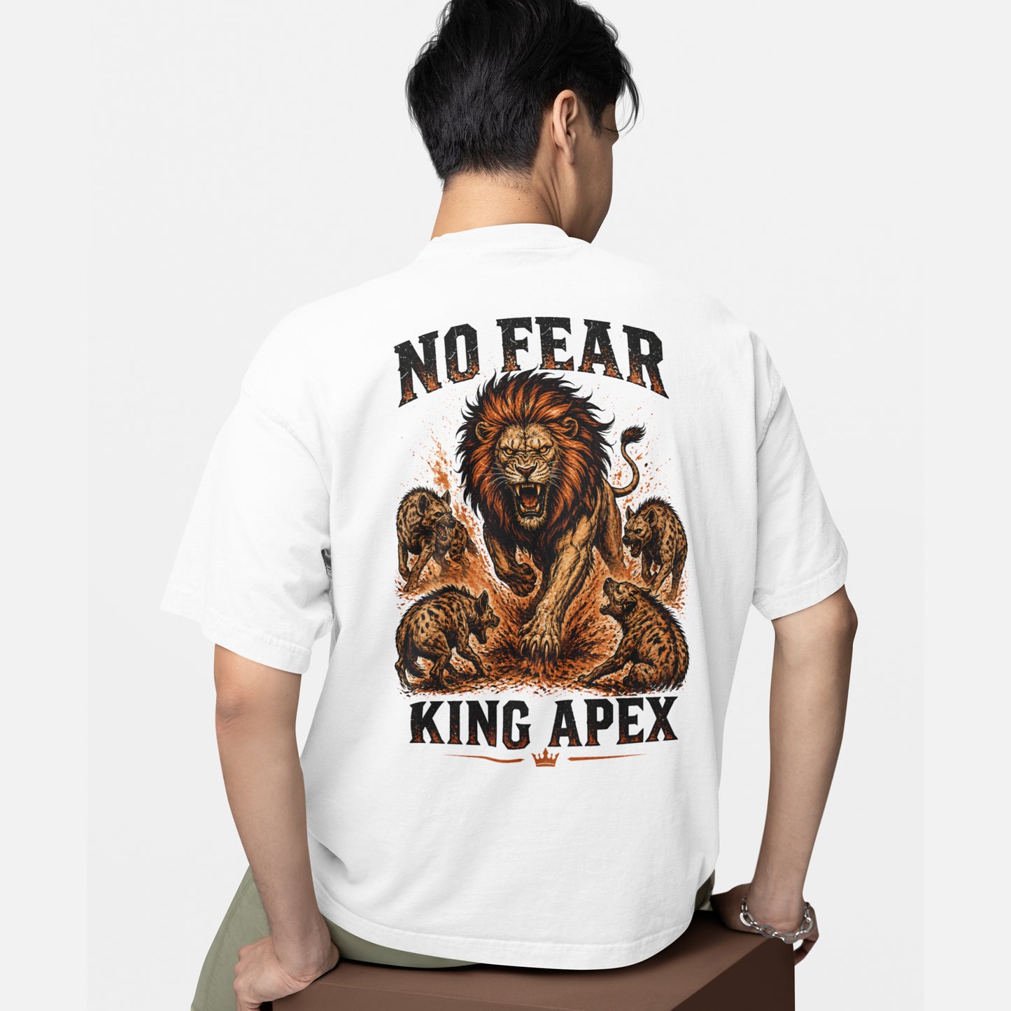 model wearing KING APEX oversized black t-shirt No Fear design
