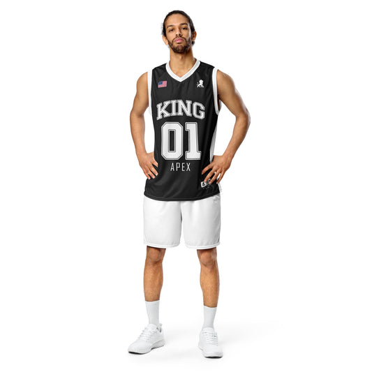 Male athlete wearing KING Basketball Jersey Black APEX Edition front view premium performance sportswear