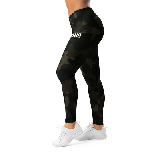 Side view of KING Lioness Military Camo Leggings – Jungle Edition, fitted performance leggings with subtle camo texture