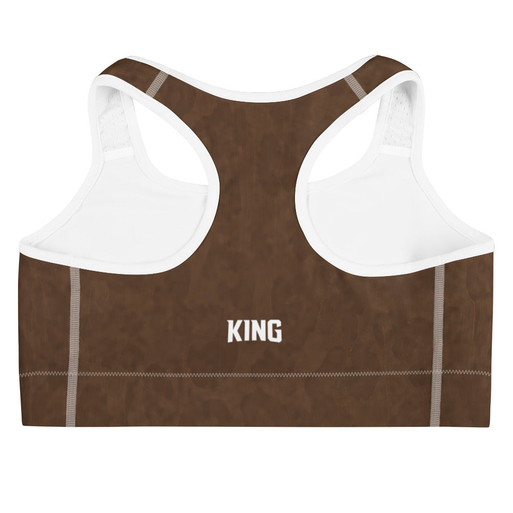 KING Lioness Savannah Pattern Sports Bra Earth Edition flat back mockup featuring brown savannah-inspired pattern and KING logo detail