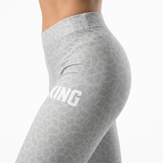 Side detail of the KING logo on the Lioness Shadow Camo Leggings — Gray Edition.
