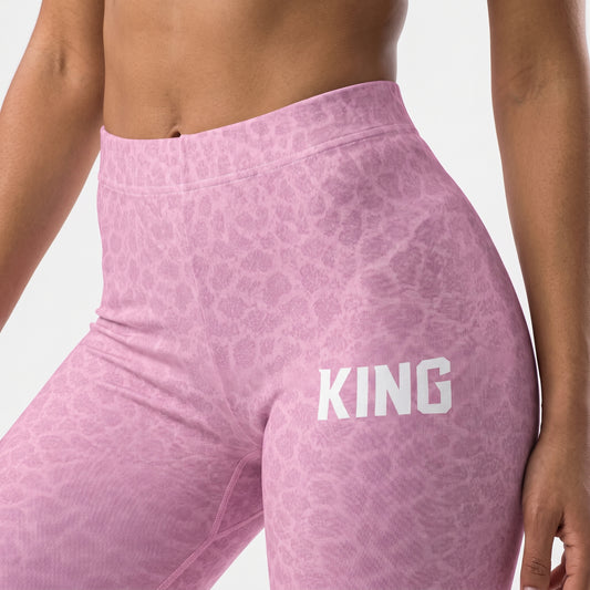 Close-up front view of KING Lioness Shadow Pattern Leggings — Soft Rose Edition