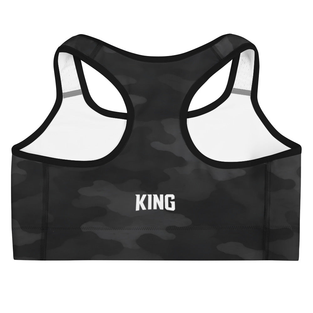 Back view of KING Lioness Dark Camo Sports Bra featuring racerback athletic design