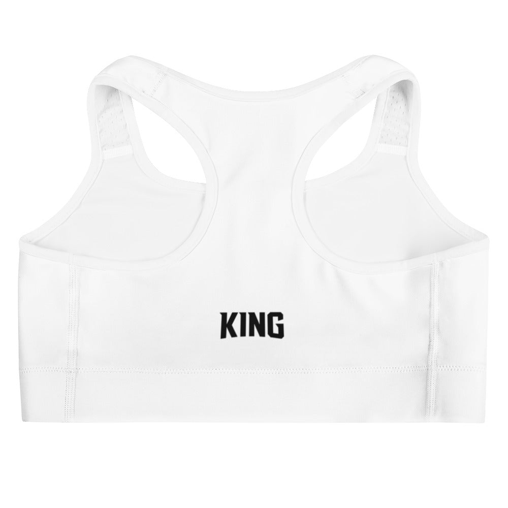 Flat product mockup of white KING Lioness sports bra – back view with KING text logo.