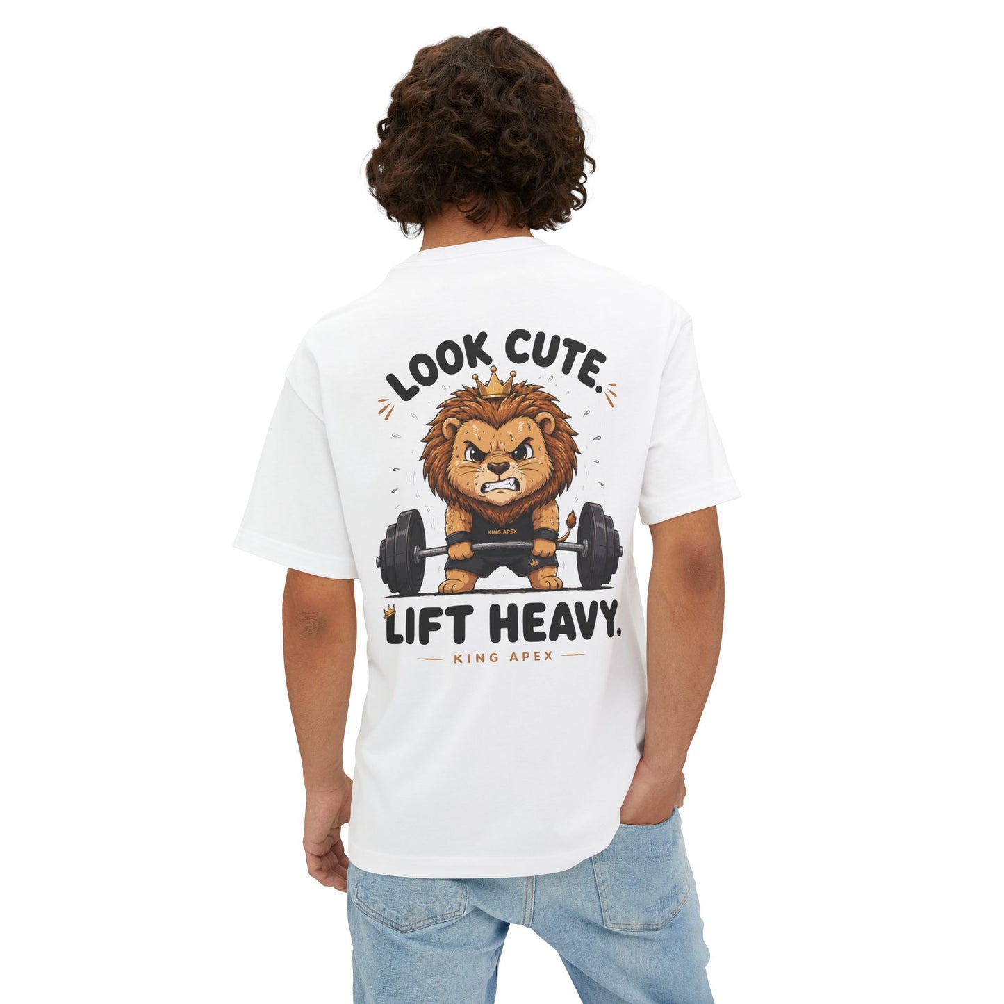 Male model wearing KING oversized tee lion gym design back print