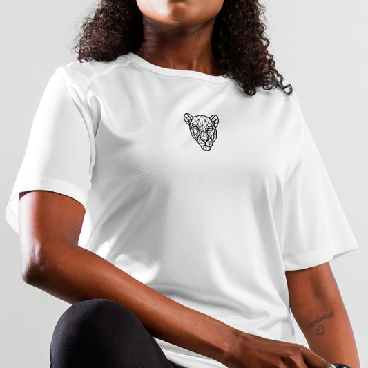 Side view close-up of the KING White Geometric Lioness Jersey showing breathable performance fabric and lioness emblem.