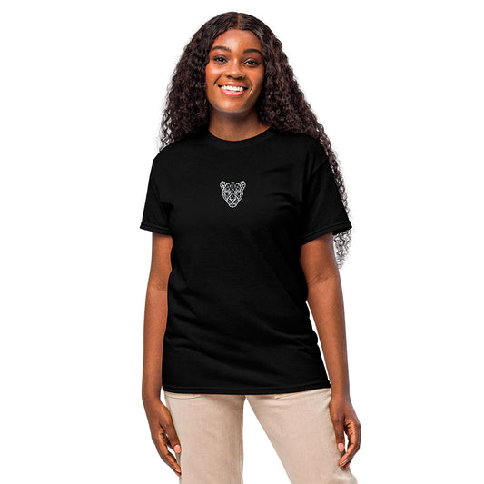 Black KING sports tee with geometric lioness emblem — full-body front.
