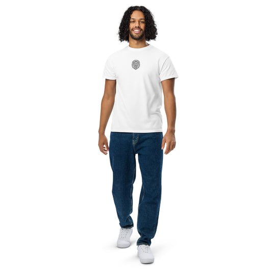 Male model wearing KING Sports Tee White geometric lion edition – full body athletic fit