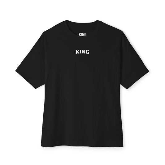Front view of black LIONESS Oversized Tee with minimalist KING chest logo