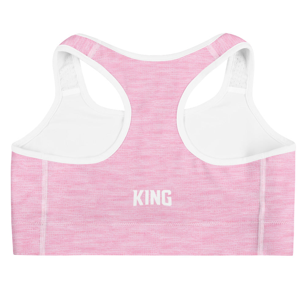 Back view of Lioness pink padded sports bra, racerback cut and elastic band by KING APEX