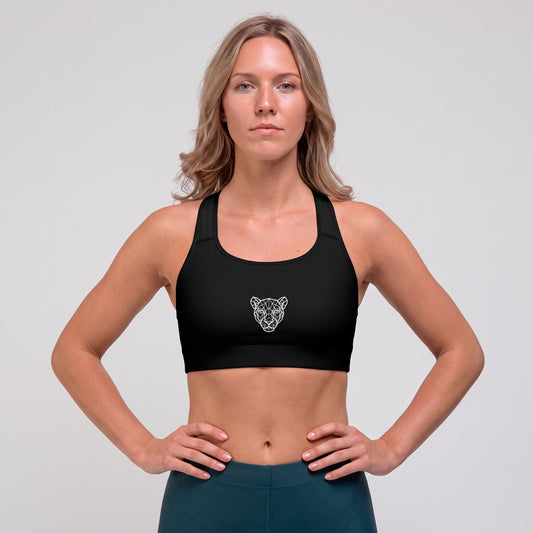 Female model wearing the KING Lioness Sports Bra in black.