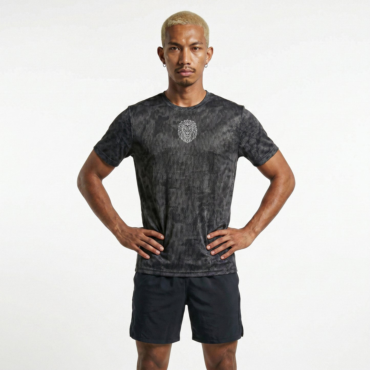 Athletic fit iron grey performance t-shirt with subtle camo pattern and modern silhouette