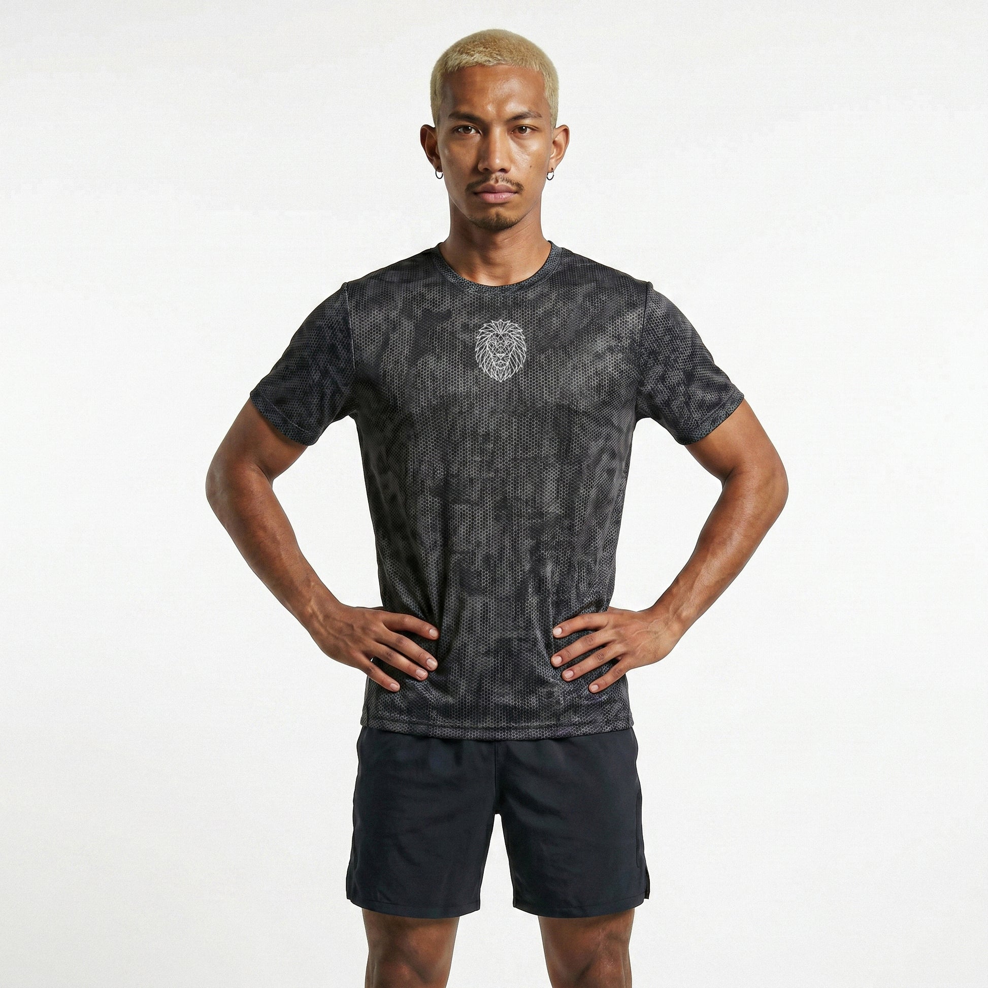 Athletic fit iron grey performance t-shirt with subtle camo pattern and modern silhouette