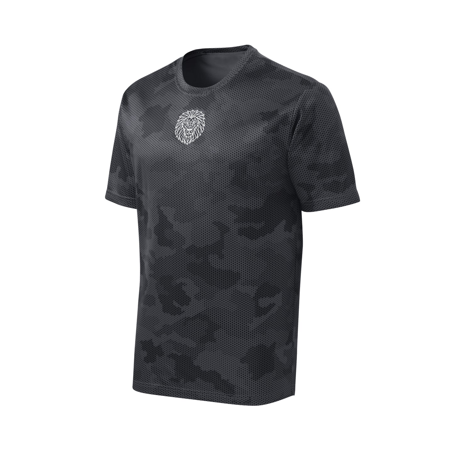 KING APEX iron grey camo performance tee flat lay with geometric lion logo
