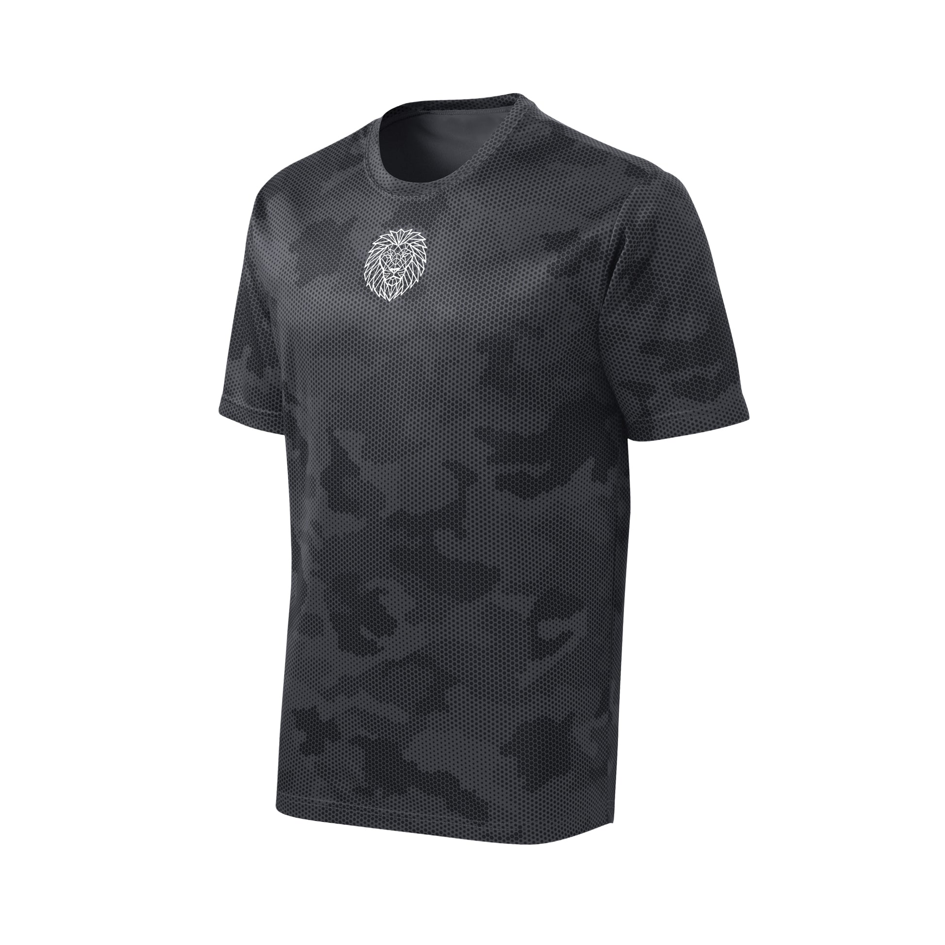 KING APEX iron grey camo performance tee flat lay with geometric lion logo