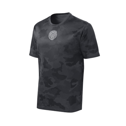 KING APEX iron grey camo performance tee flat lay with geometric lion logo