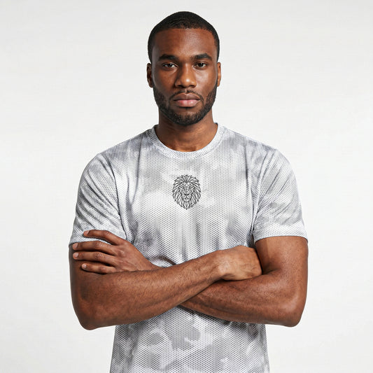 male model wearing white camo athletic t-shirt KING APEX performance fit