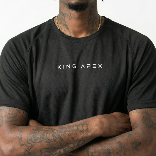 KING APEX Core Sports Jersey Black – minimal athletic performance t-shirt closer on her chest focusing on the logo.