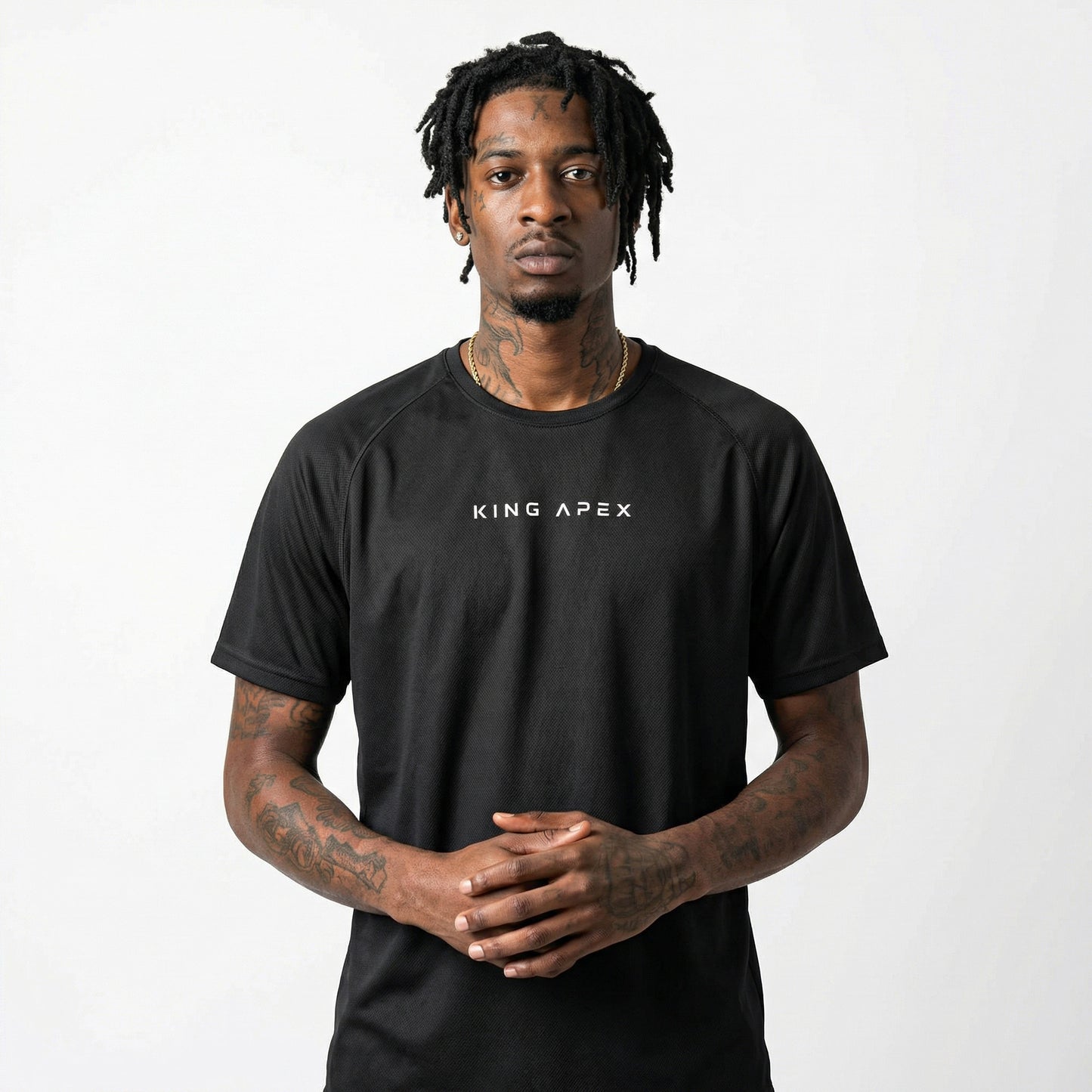 KING APEX Core Sports Jersey Black – Man with a minimal athletic performance t-shirt front view.