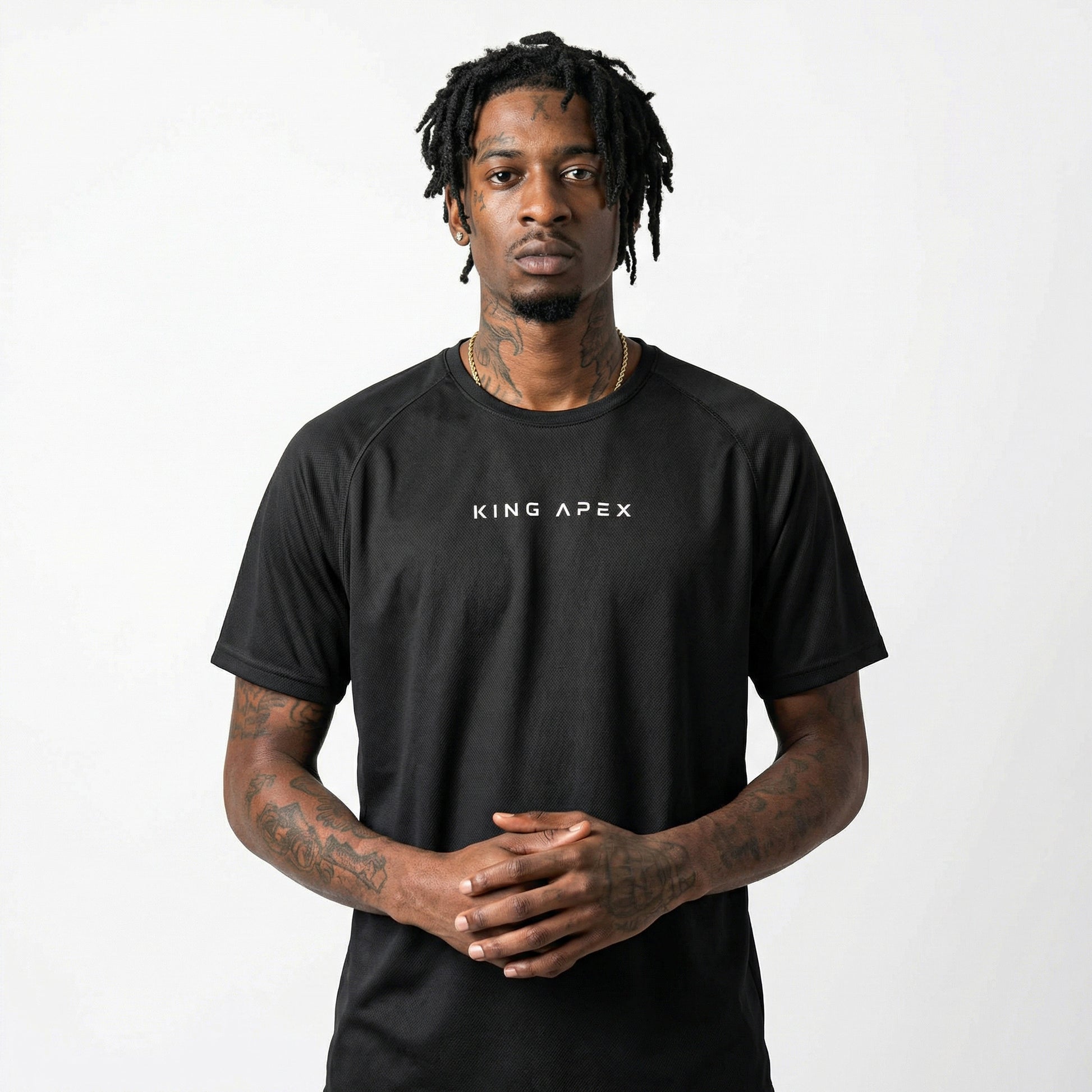 KING APEX Core Sports Jersey Black – Man with a minimal athletic performance t-shirt front view.