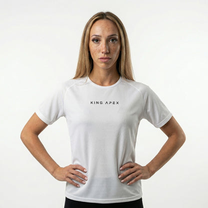 KING APEX Core Sports Jersey Black – woman with a minimal athletic performance t-shirt front view.