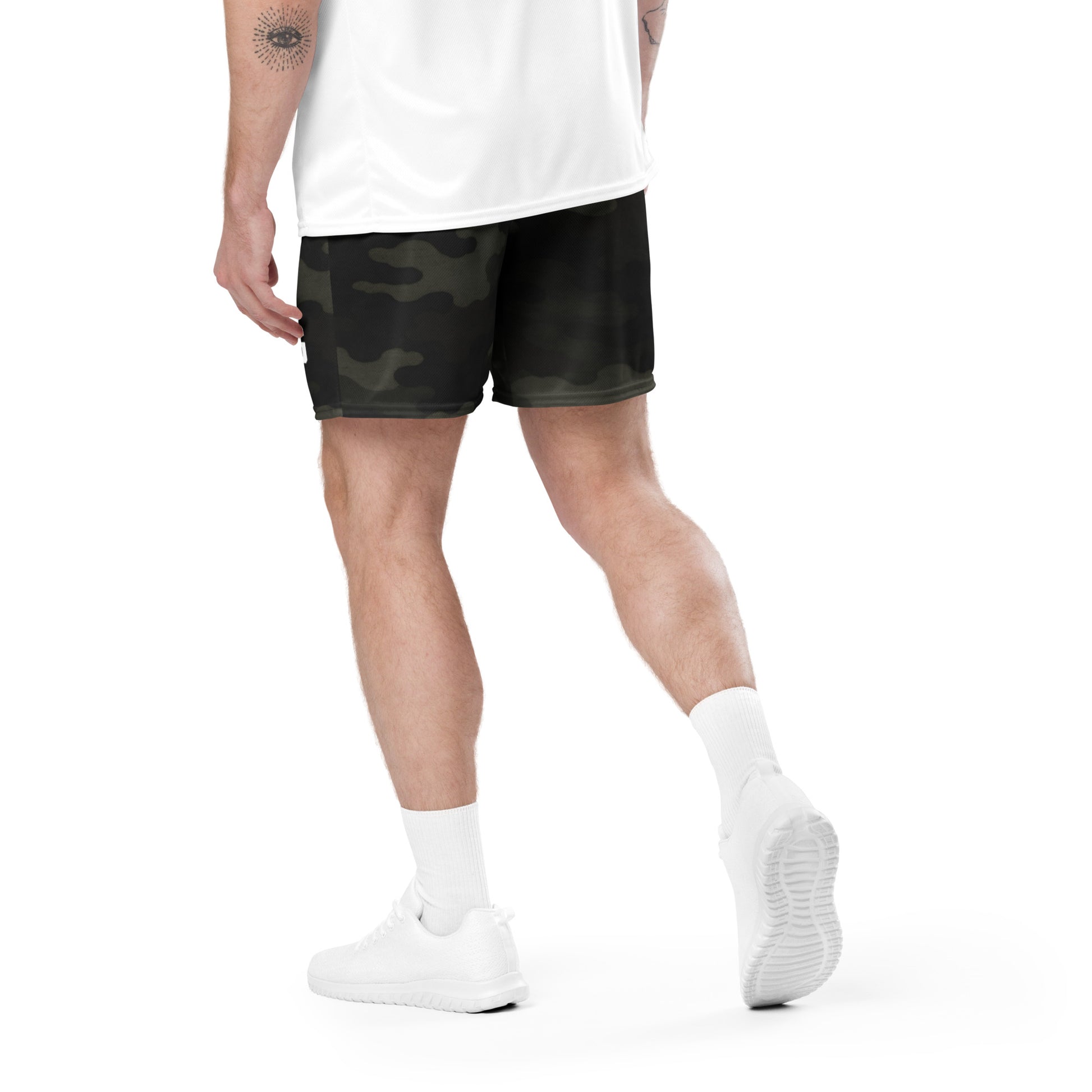 Back angle walking pose — KING APEX Jungle Camo Mesh Shorts