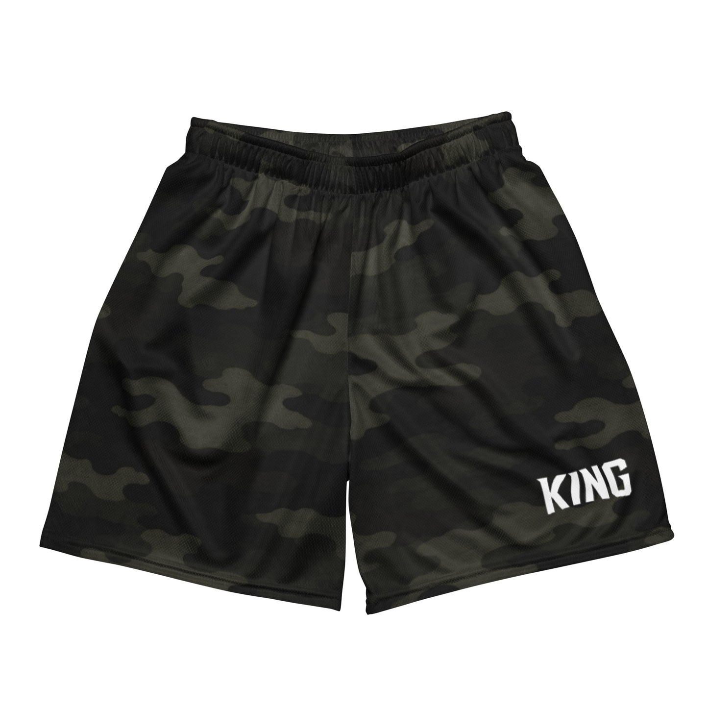 Flat lay front view — KING APEX Jungle Camo Mesh Shorts