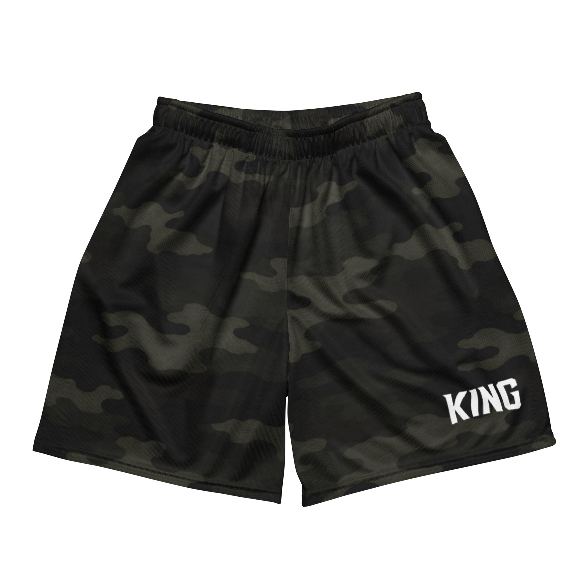 Flat lay front view — KING APEX Jungle Camo Mesh Shorts