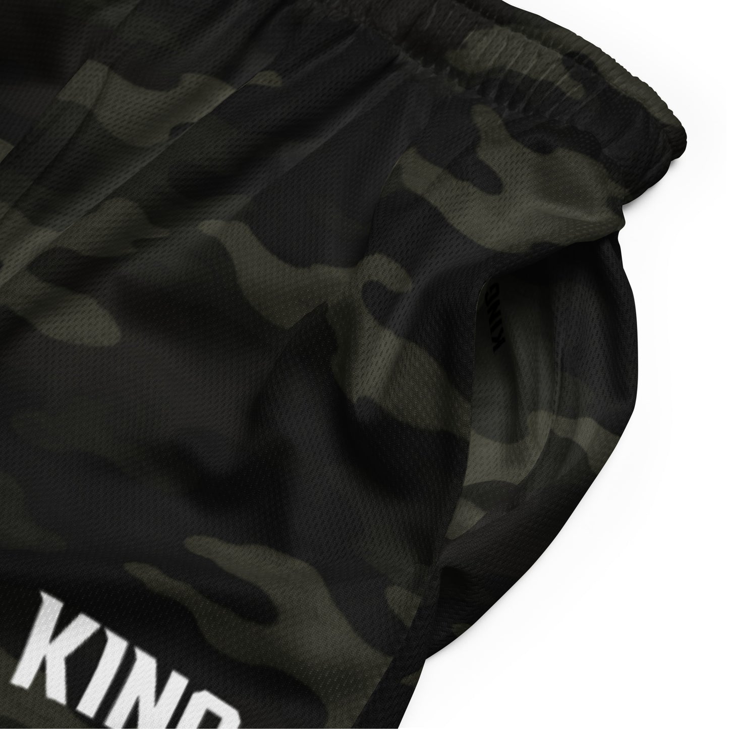 Close-up KING logo detail on mesh — Jungle Camo Edition Shorts