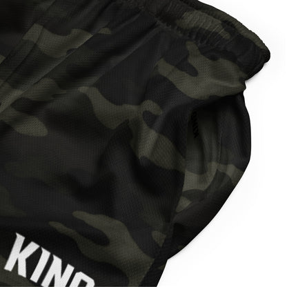 Close-up KING logo detail on mesh — Jungle Camo Edition Shorts