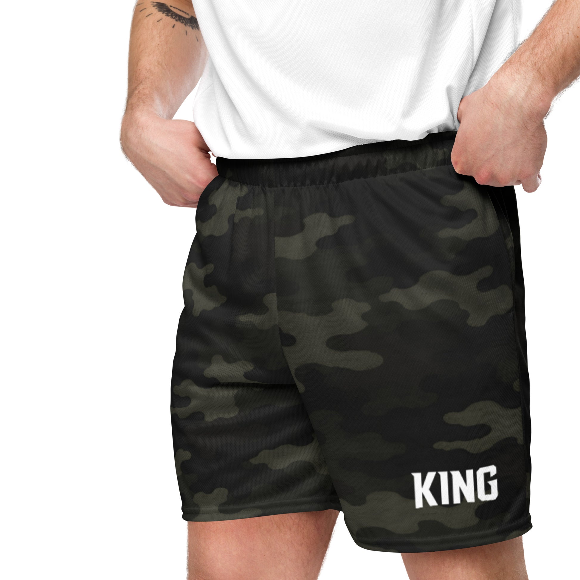 Side angle model view — KING APEX Jungle Camo Mesh Shorts