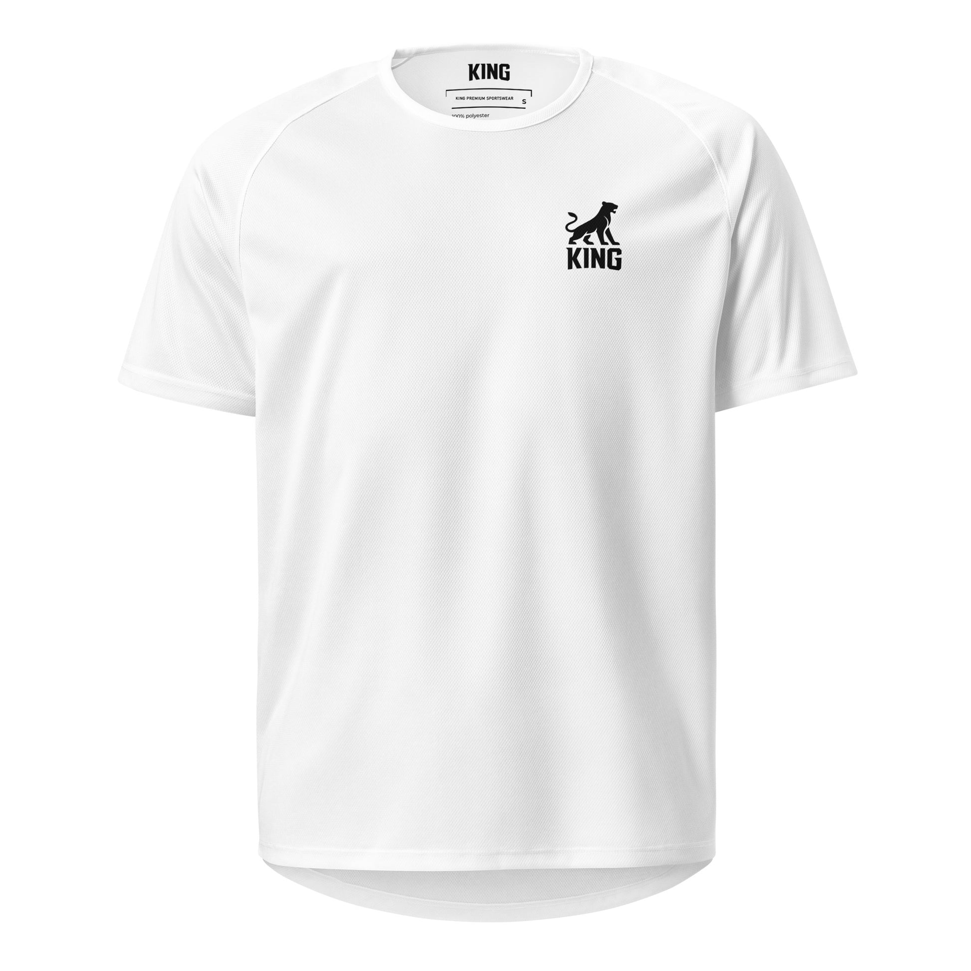 KING APEX white sports jersey with minimal lioness logo front view