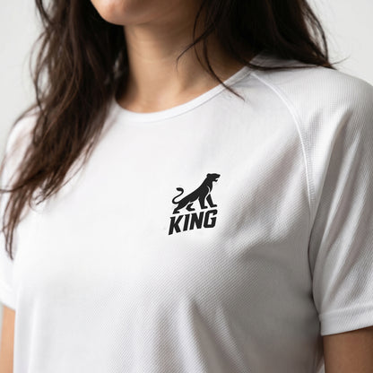 Close-up of minimal lioness logo on KING APEX white performance sports jersey