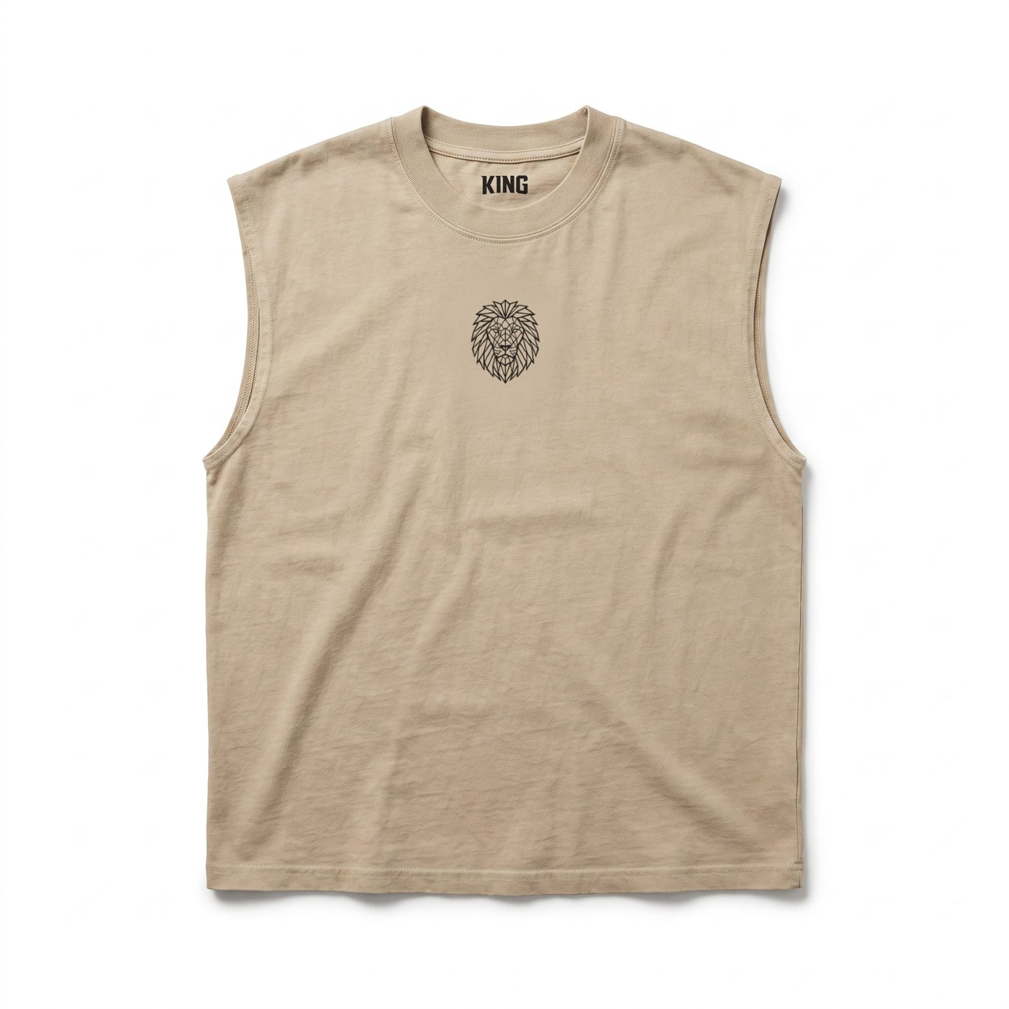Front flat view of the KING APEX Men's Heavy Faded Tank in sand with geometric lion chest logo and wide sleeveless construction.