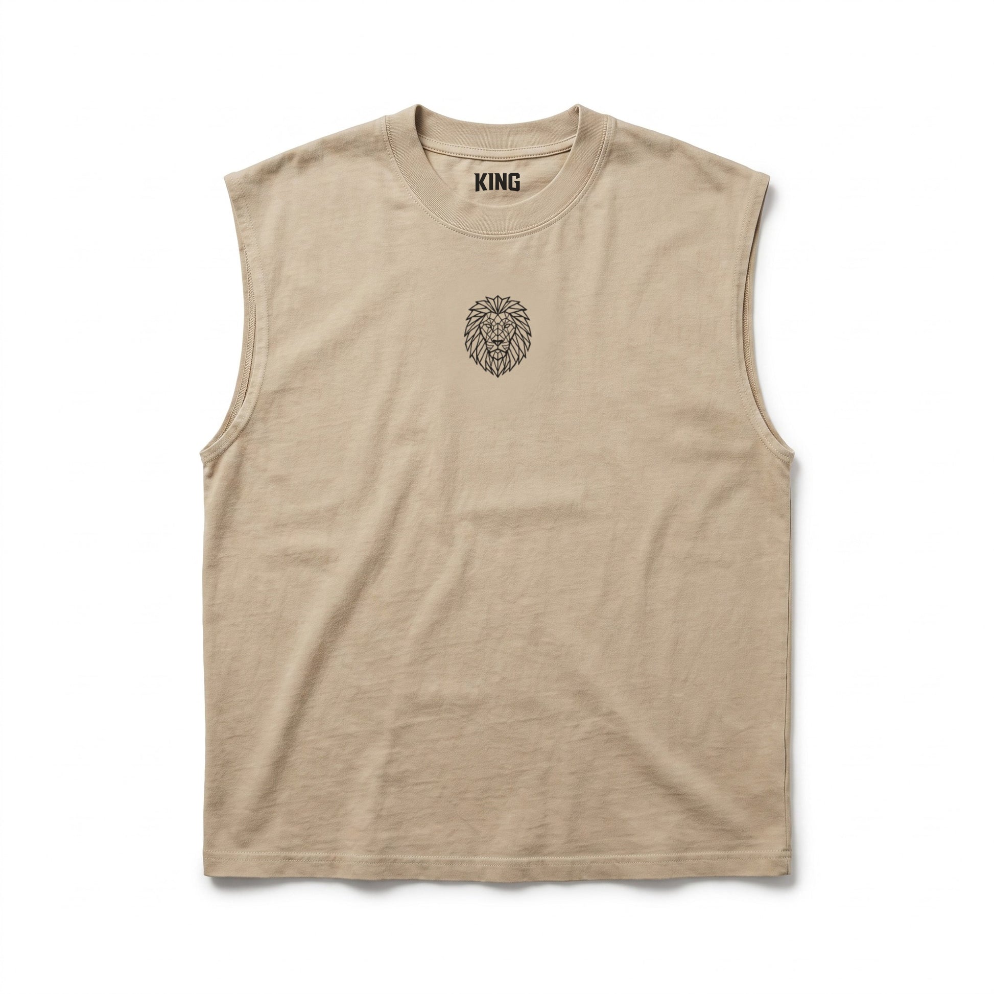Front flat view of the KING APEX Men's Heavy Faded Tank in sand with geometric lion chest logo and wide sleeveless construction.