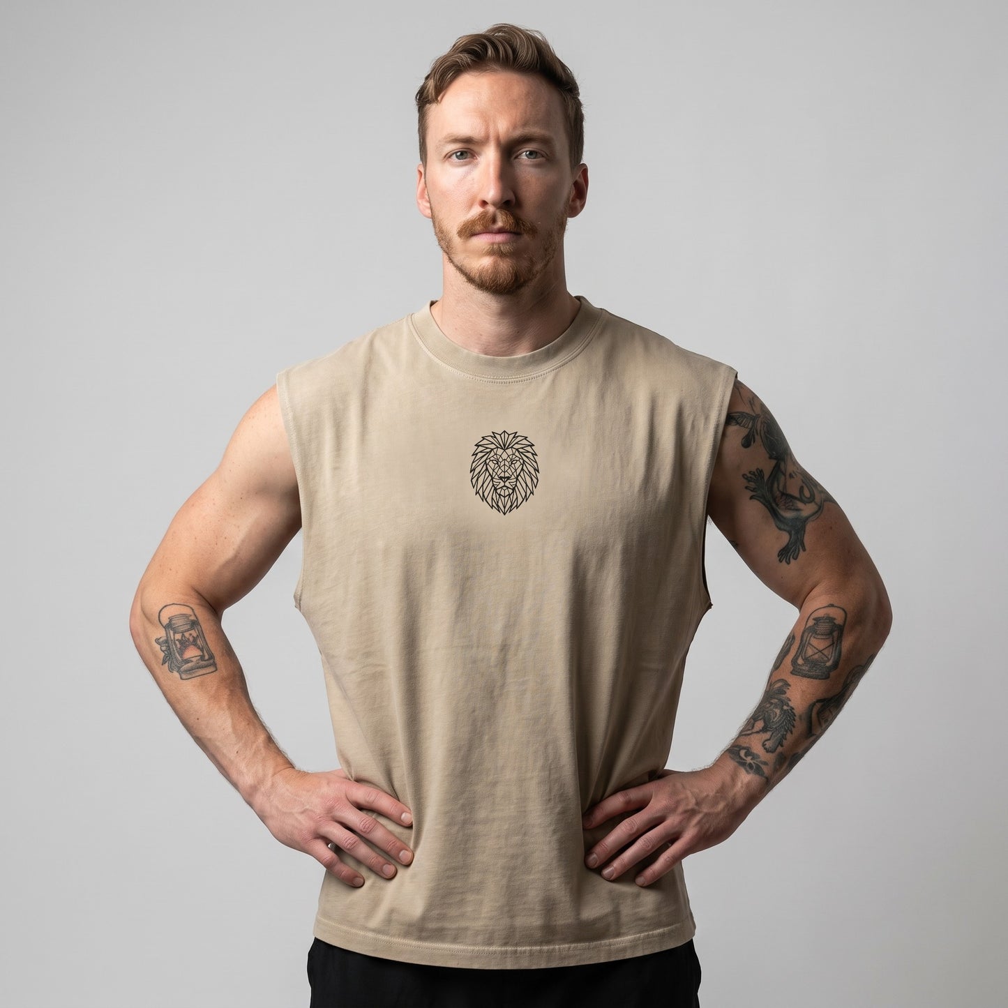 Front view of the KING APEX Men's Heavy Faded Tank in sand with a heavyweight oversized fit and geometric lion chest graphic.