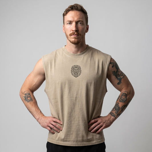 Front view of the KING APEX Men's Heavy Faded Tank in sand with a heavyweight oversized fit and geometric lion chest graphic.