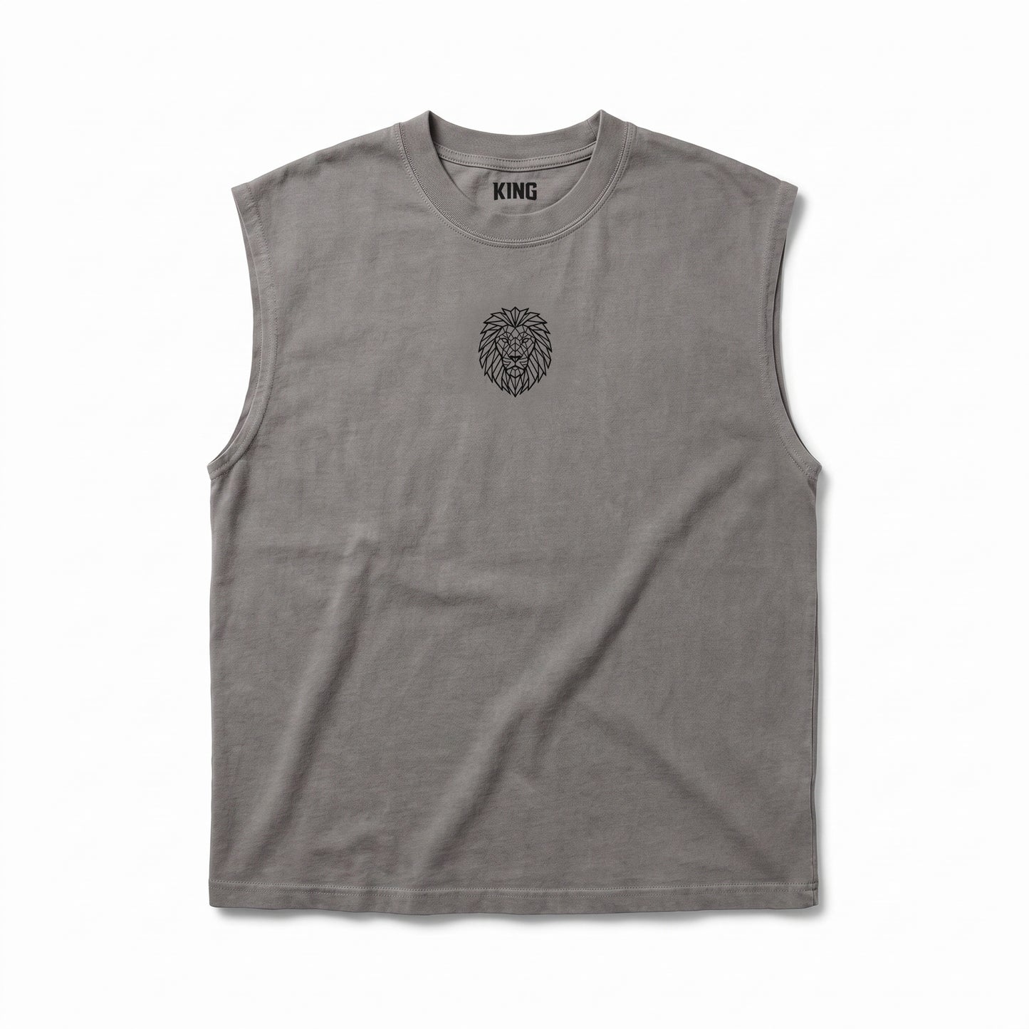 KING APEX Men's Heavy Faded Tank in Stone Grey with geometric lion chest graphic, flat front view.