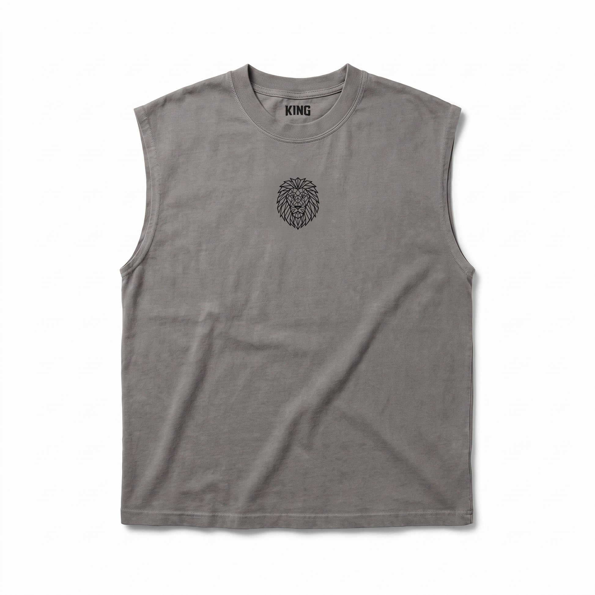 KING APEX Men's Heavy Faded Tank in Stone Grey with geometric lion chest graphic, flat front view.