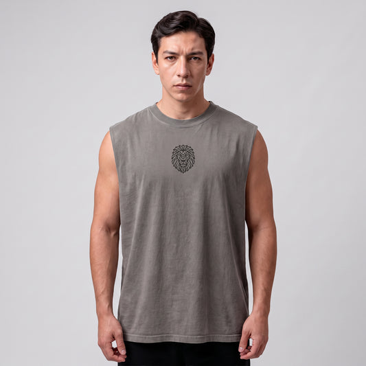 Male model wearing the KING APEX Men's Heavy Faded Tank in Stone Grey, front view.