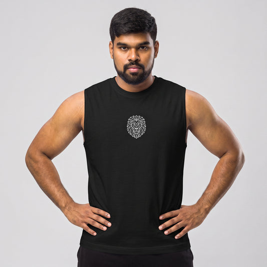 KING APEX black muscle tank with geometric lion chest logo, front view
