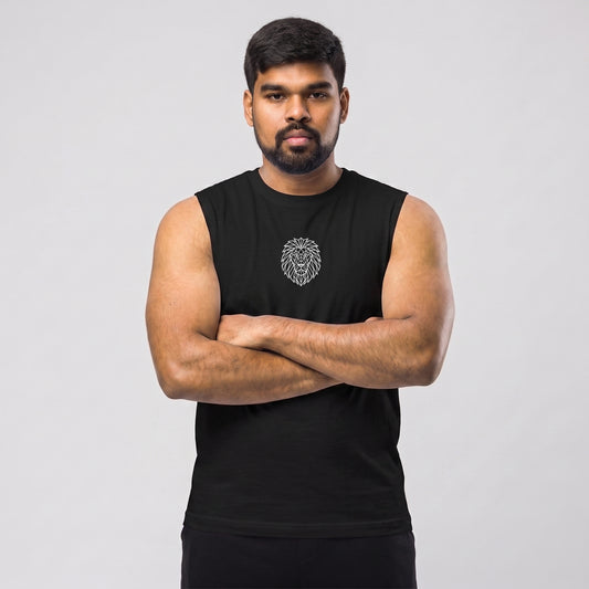 Male model wearing KING APEX black muscle tank with geometric lion chest logo