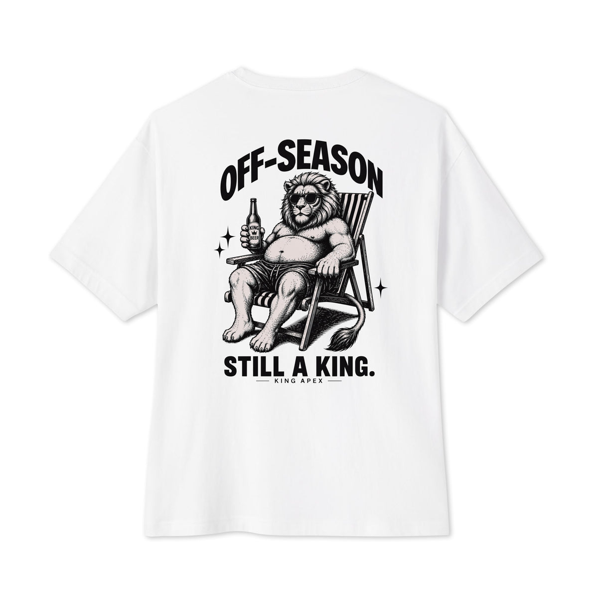 Back of the white KING APEX Off-Season oversized T-shirt, showing the black reclining lion artwork with OFF-SEASON and STILL A KING. lettering.