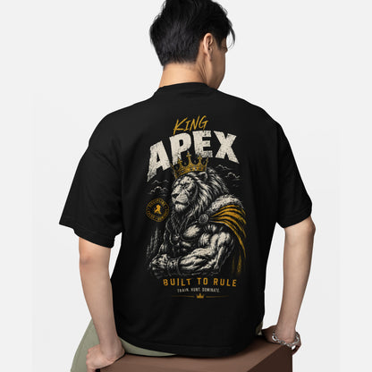 model wearing KING APEX oversized black t-shirt Built to Rule design
