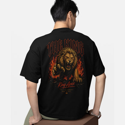model wearing KING APEX oversized black t-shirt Fire Fury lion design
