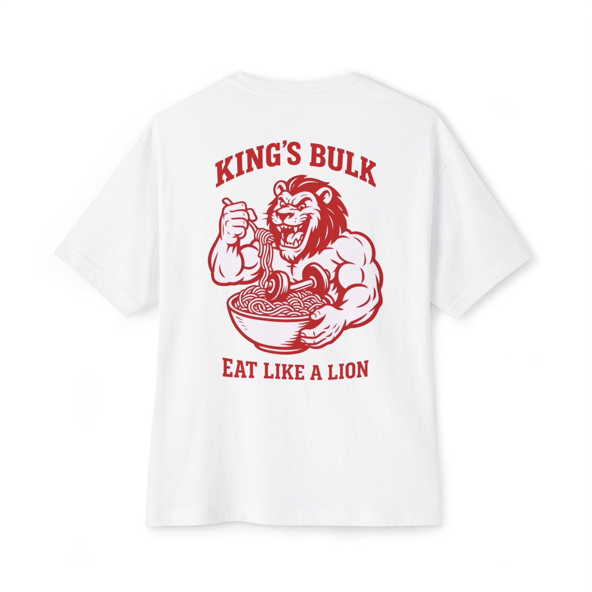 KING APEX oversized white t-shirt back view with King’s Bulk lion design