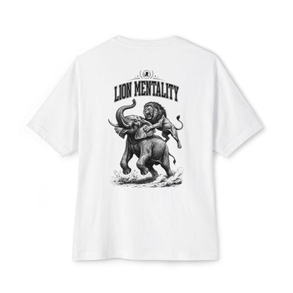 White oversized t-shirt with “Lion Mentality” graphic featuring a lion attacking an elephant, printed on the back, KING APEX premium design