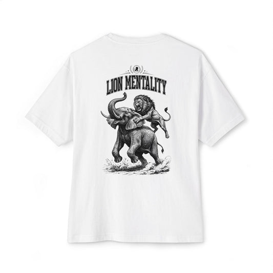 White oversized t-shirt with “Lion Mentality” graphic featuring a lion attacking an elephant, printed on the back, KING APEX premium design