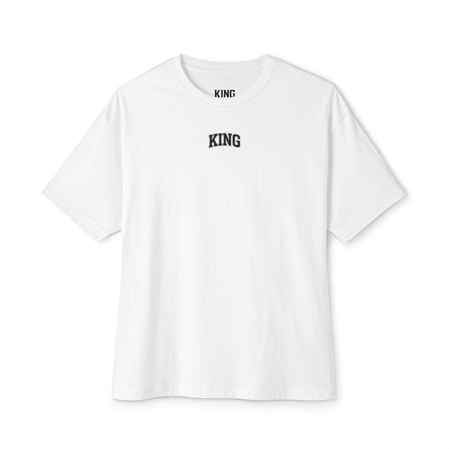 White oversized t-shirt with minimalist KING logo on the chest, clean front design, KING APEX premium oversized fit