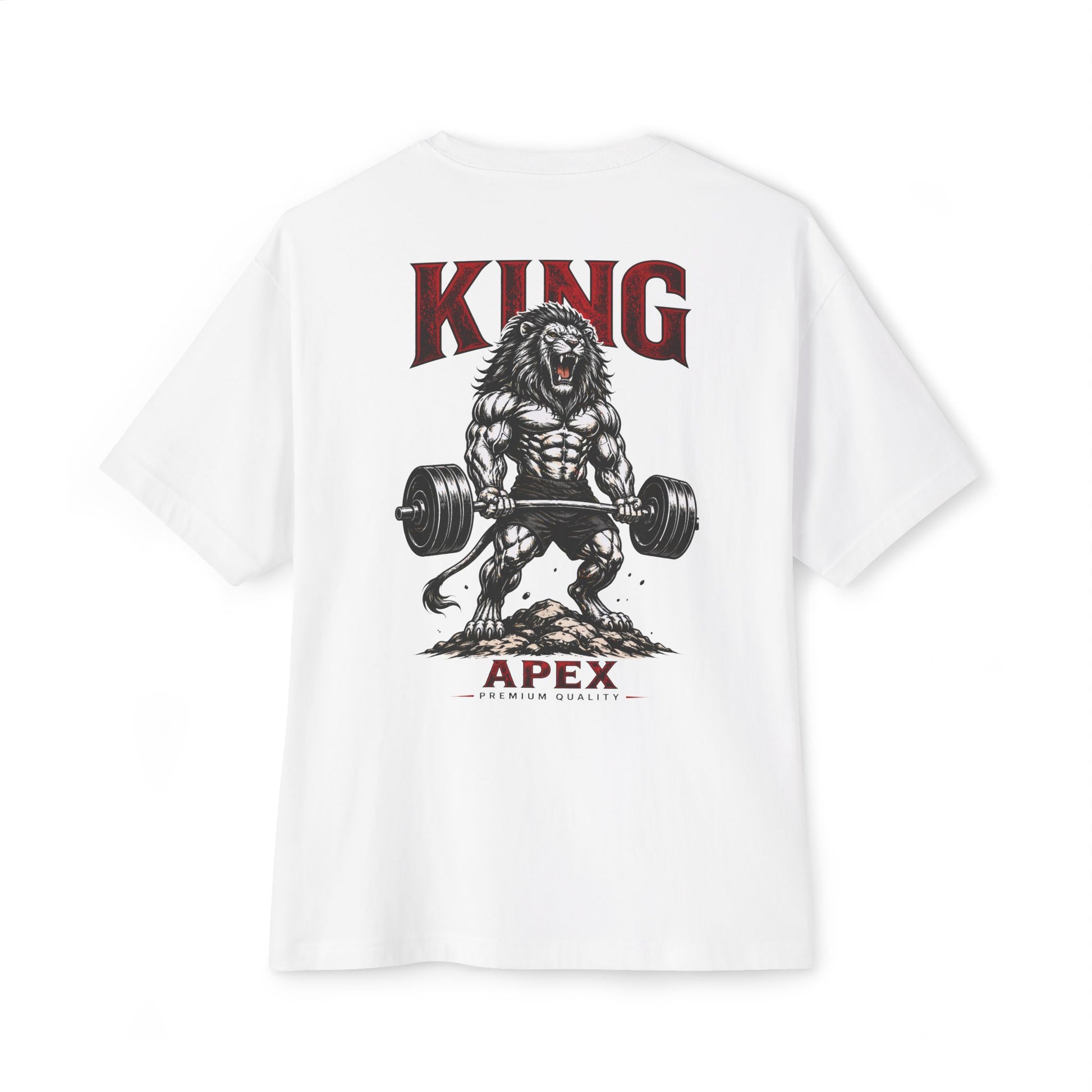 KING APEX oversized white t-shirt back view with Power lion lifting design
